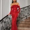 Catherynne Off Shoulder Flower Sequin Maxi Dress
