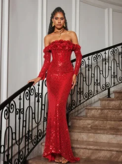 Catherynne Off Shoulder Flower Sequin Maxi Dress