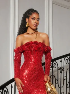 Catherynne Off Shoulder Flower Sequin Maxi Dress