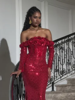 Catherynne Off Shoulder Flower Sequin Maxi Dress