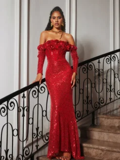 Catherynne Off Shoulder Flower Sequin Maxi Dress
