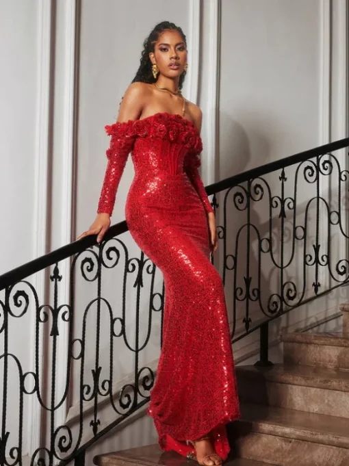 Catherynne Off Shoulder Flower Sequin Maxi Dress