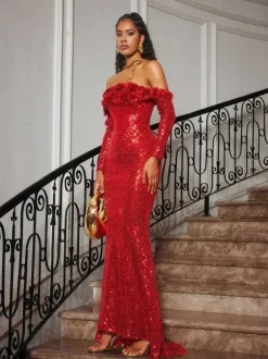 Catherynne Off Shoulder Flower Sequin Maxi Dress