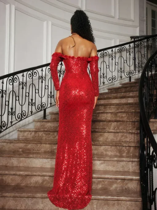 Catherynne Off Shoulder Flower Sequin Maxi Dress