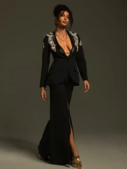 Cathia Rhinestone Split Blazer Set