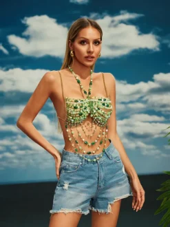 Catlin Gemstone Beaded Bralette In Green
