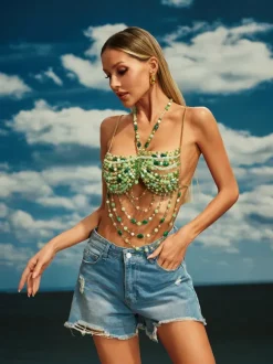 Catlin Gemstone Beaded Bralette In Green