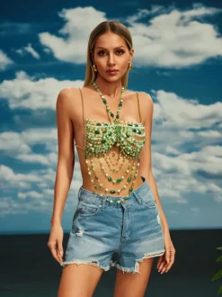 Catlin Gemstone Beaded Bralette In Green