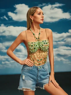 Catlin Gemstone Beaded Bralette In Green
