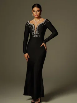 Cayla V Neck Rhinestone Bandage Maxi Dress