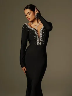 Cayla V Neck Rhinestone Bandage Maxi Dress