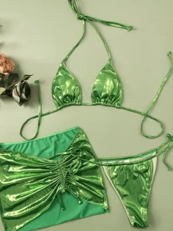Cedar Lacing Metallic Bikini Three Piece Set
