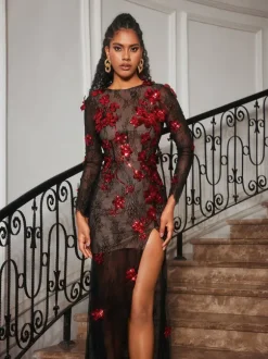 Celleen Long Sleeve Flower Lace Maxi Dress