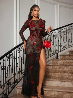 Celleen Long Sleeve Flower Lace Maxi Dress