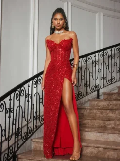 Cerci Strapless Rhinestone Sequin Split Maxi Dress
