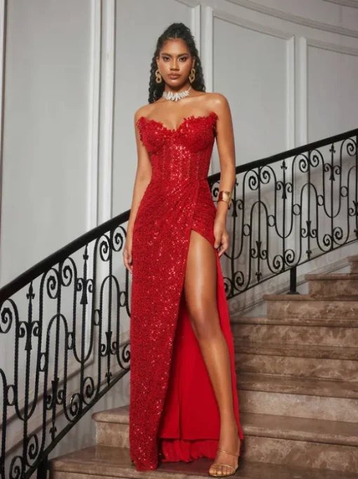 Cerci Strapless Rhinestone Sequin Split Maxi Dress