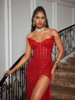 Cerci Strapless Rhinestone Sequin Split Maxi Dress