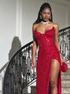 Cerci Strapless Rhinestone Sequin Split Maxi Dress