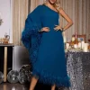 Ceridwen One Shoulder Feather Trimmed Midi Dress In Dark Blue