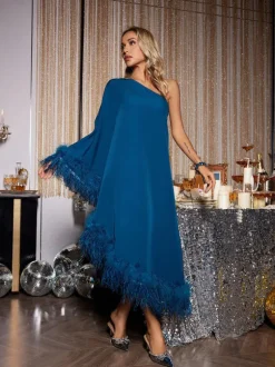 Ceridwen One Shoulder Feather Trimmed Midi Dress In Dark Blue