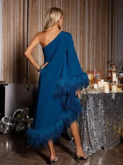 Ceridwen One Shoulder Feather Trimmed Midi Dress In Dark Blue