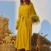 Ceridwen V Neck Feather Trimmed Split Maxi Dress