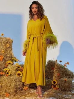 Ceridwen V Neck Feather Trimmed Split Maxi Dress