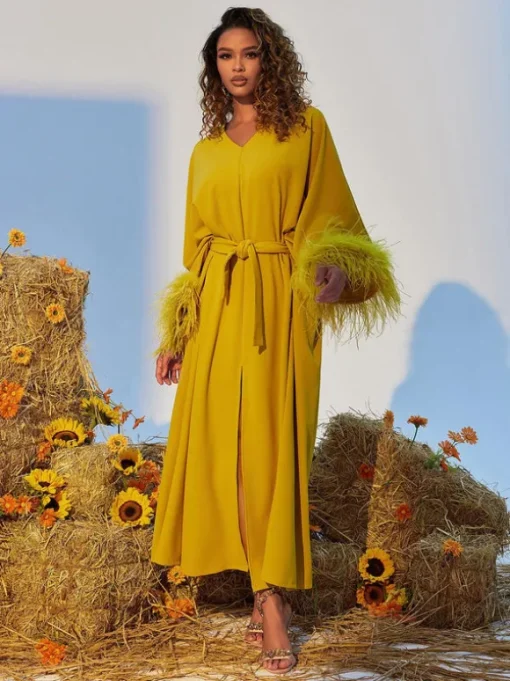 Ceridwen V Neck Feather Trimmed Split Maxi Dress