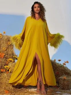 Ceridwen V Neck Feather Trimmed Split Maxi Dress