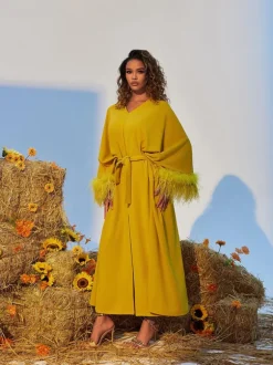Ceridwen V Neck Feather Trimmed Split Maxi Dress