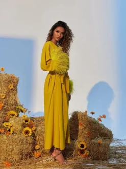 Ceridwen V Neck Feather Trimmed Split Maxi Dress