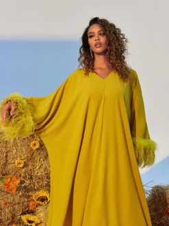Ceridwen V Neck Feather Trimmed Split Maxi Dress