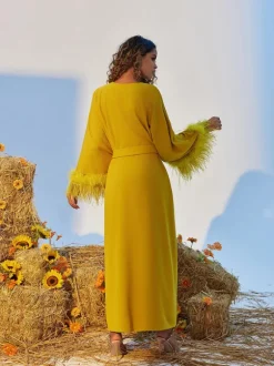 Ceridwen V Neck Feather Trimmed Split Maxi Dress