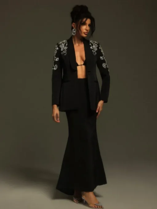 Charelle Long Sleeve Rhinestone Blazer Set