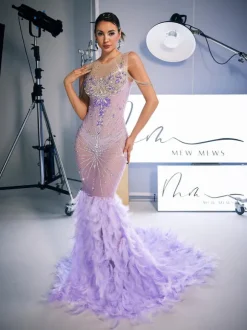 Chaviv Rhinestone Feather Maxi Dress