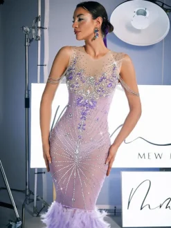 Chaviv Rhinestone Feather Maxi Dress