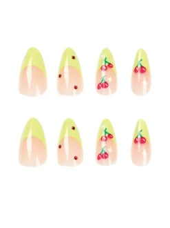 Cherry French Green Edge Press On Nails