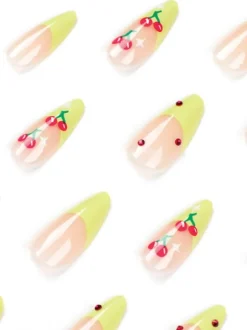 Cherry French Green Edge Press On Nails