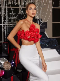 Chesley Halterneck Flower Top In Red