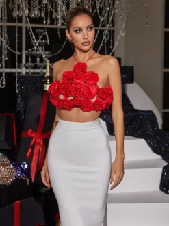 Chesley Halterneck Flower Top In Red
