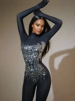 Chesten Long Sleeve Rhinestone Embellished Jumpsuit