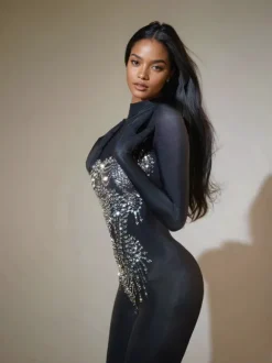 Chesten Long Sleeve Rhinestone Embellished Jumpsuit