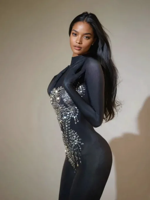 Chesten Long Sleeve Rhinestone Embellished Jumpsuit