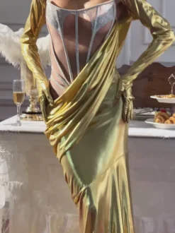 Cimberleigh Long Sleeve Hooded Ruched Maxi Dress In Gold