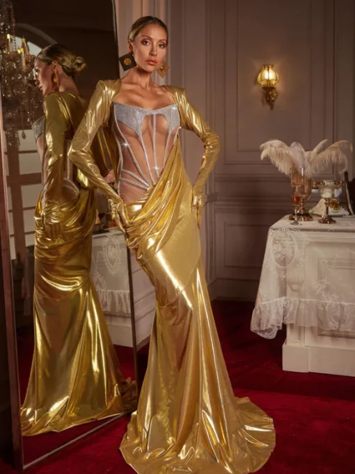 Cimberleigh Long Sleeve Hooded Ruched Maxi Dress In Gold