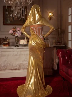 Cimberleigh Long Sleeve Hooded Ruched Maxi Dress In Gold