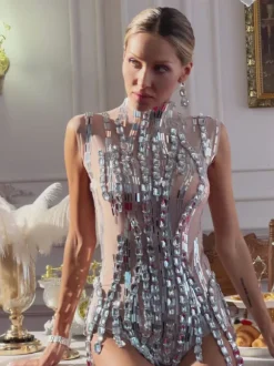 Cinwell Rhinestone Acrylic Bodysuit