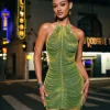 Cinzia Halterneck Diamond Chain Mesh Mini Dress In Green