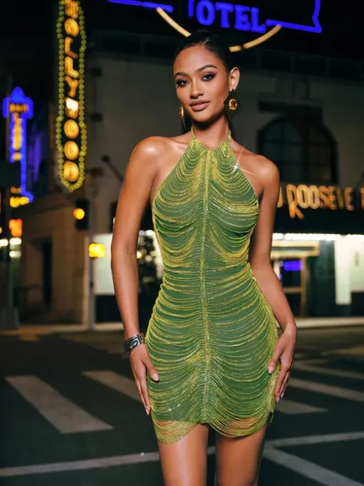 Cinzia Halterneck Diamond Chain Mesh Mini Dress In Green