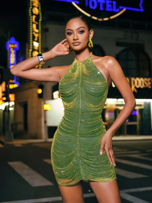 Cinzia Halterneck Diamond Chain Mesh Mini Dress In Green